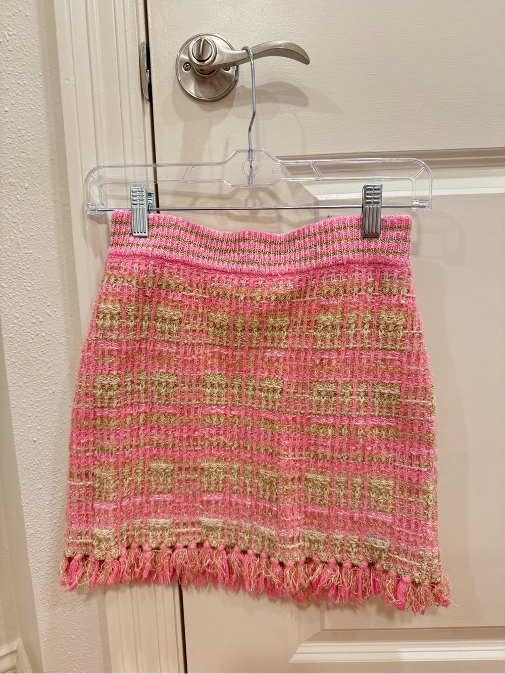 LoveShackFancy Balsam Mini Skirt Majestic Pink Gold Tweed Fringe Size XS